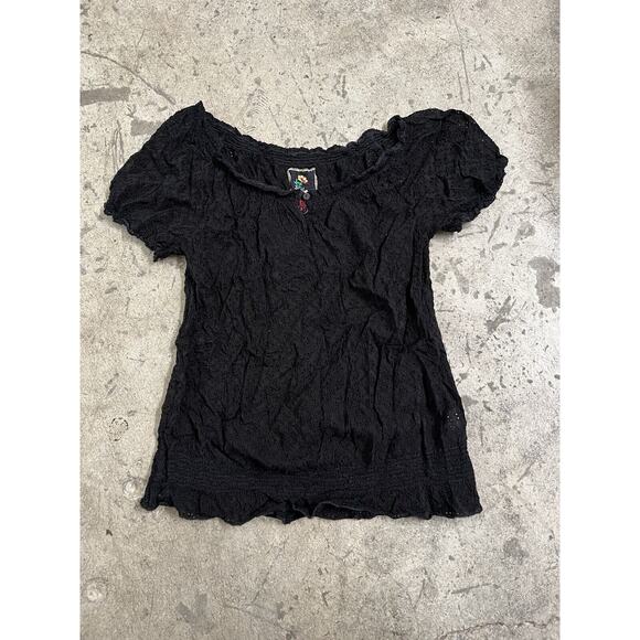 Johnny Was Tunic Black Eyelet Womens XS Cutout Short Sleeve Top Blouse Embroider